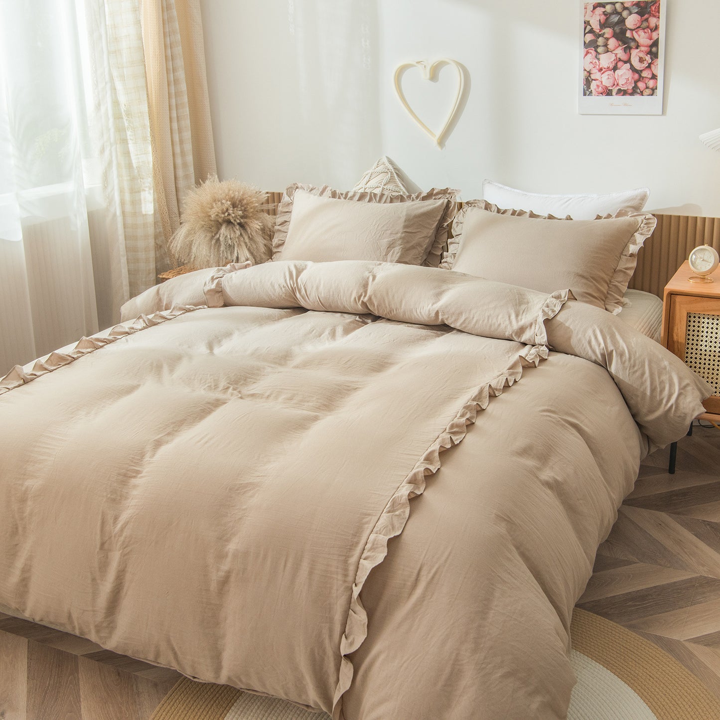 Home Textile Bedding Chemical Fiber Washed Cotton Surface Ruffled Quilt Cover Kit