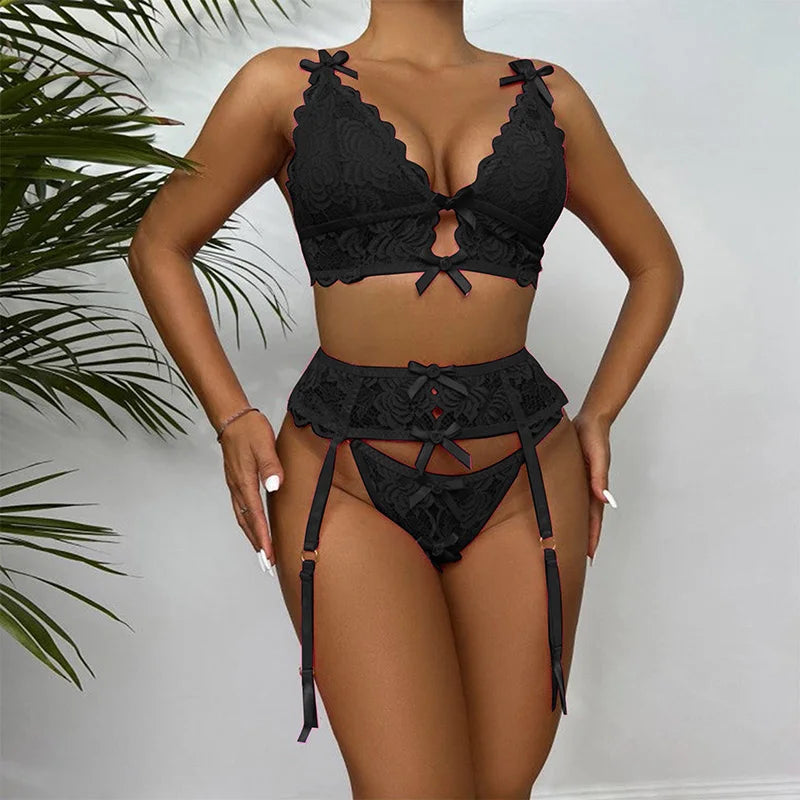 Rosa Mesh Bogen Sexy Bh Und Panty Set Frauen Transparent Sexy Unterwäsche Set Damen Dessous Mit Strumpfband Gürtel Sets Frau dessous