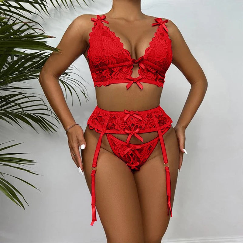 Rosa Mesh Bogen Sexy Bh Und Panty Set Frauen Transparent Sexy Unterwäsche Set Damen Dessous Mit Strumpfband Gürtel Sets Frau dessous