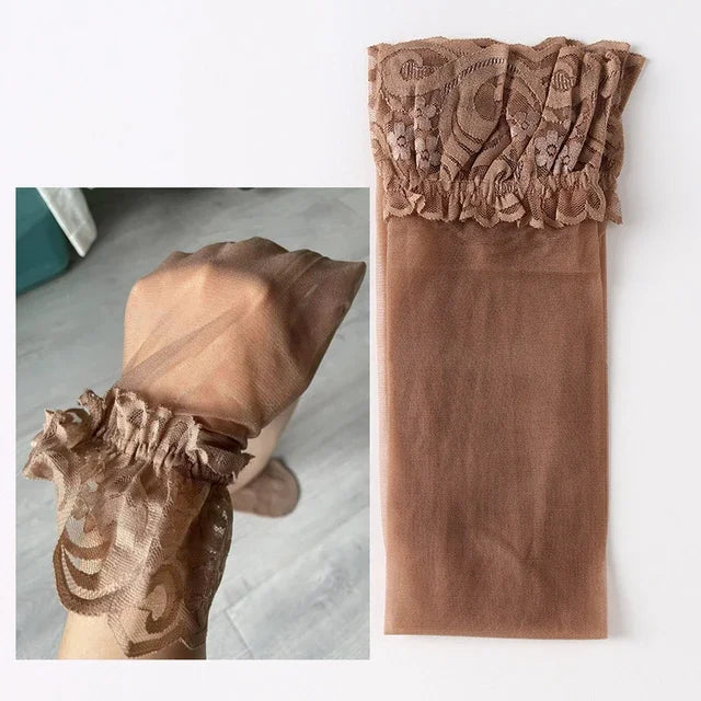 Sexy Spitzenstrümpfe, transparent, sexy Kniestrümpfe, Oberschenkelhohe lange Socken, Strümpfe mit Anti-Rutsch-Strumpf für Frauen, Erotik