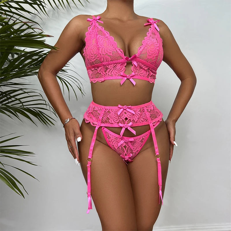 Rosa Mesh Bogen Sexy Bh Und Panty Set Frauen Transparent Sexy Unterwäsche Set Damen Dessous Mit Strumpfband Gürtel Sets Frau dessous