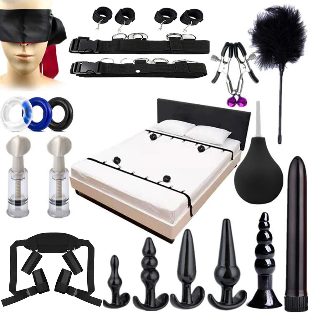 Bdsm Set Spielzeug Sex Handschellen für Paare Erwachsene Kit Bdsm Sexuelle Handschellen Augenbinde Strapon Bett Bondage Erotik Sklave Sadomasochismus