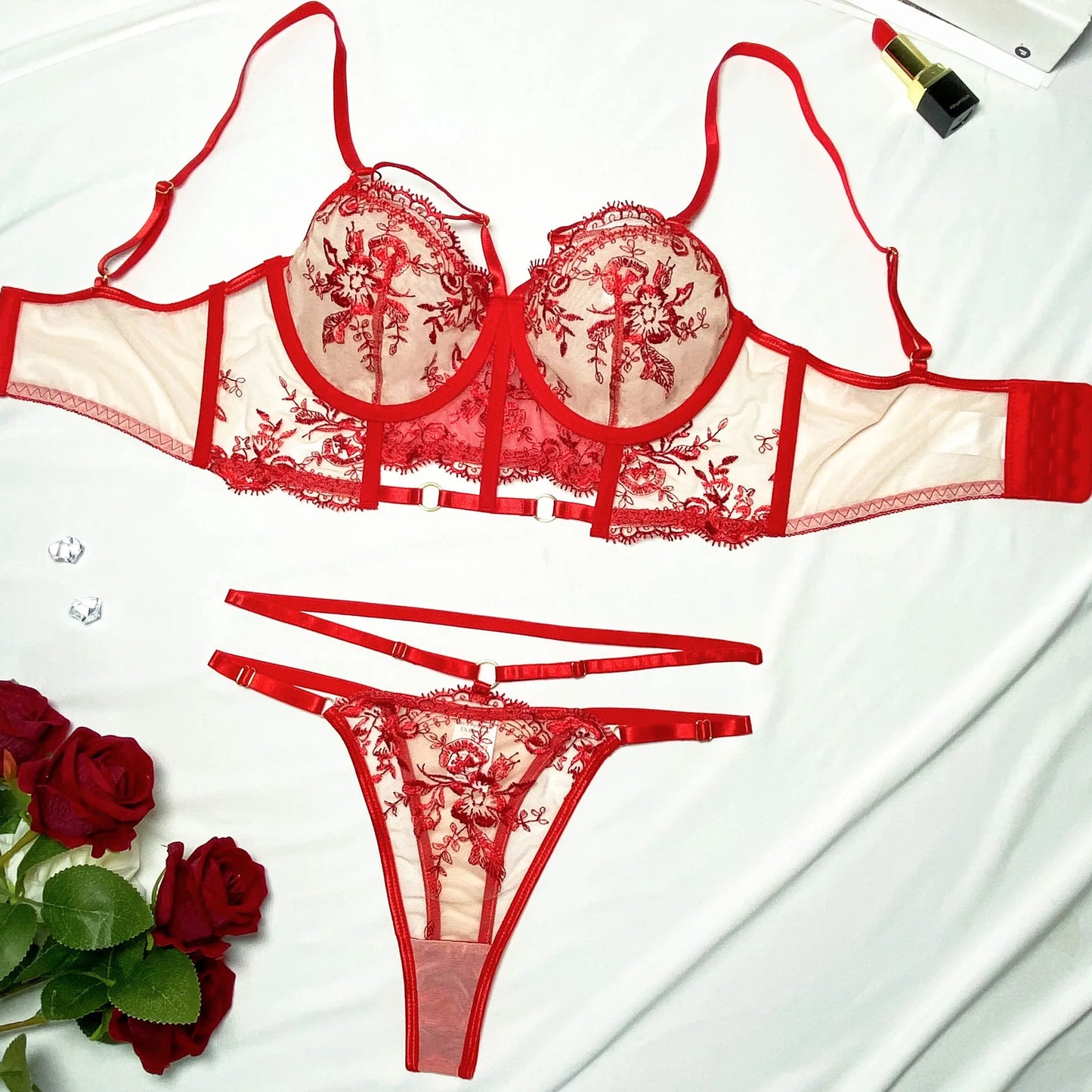 Sexy Dessous-Set mit lustigem INS-Stil, modisches französisches Stickerei-Hot-Girl-Crop-Top mit Bindebändern
