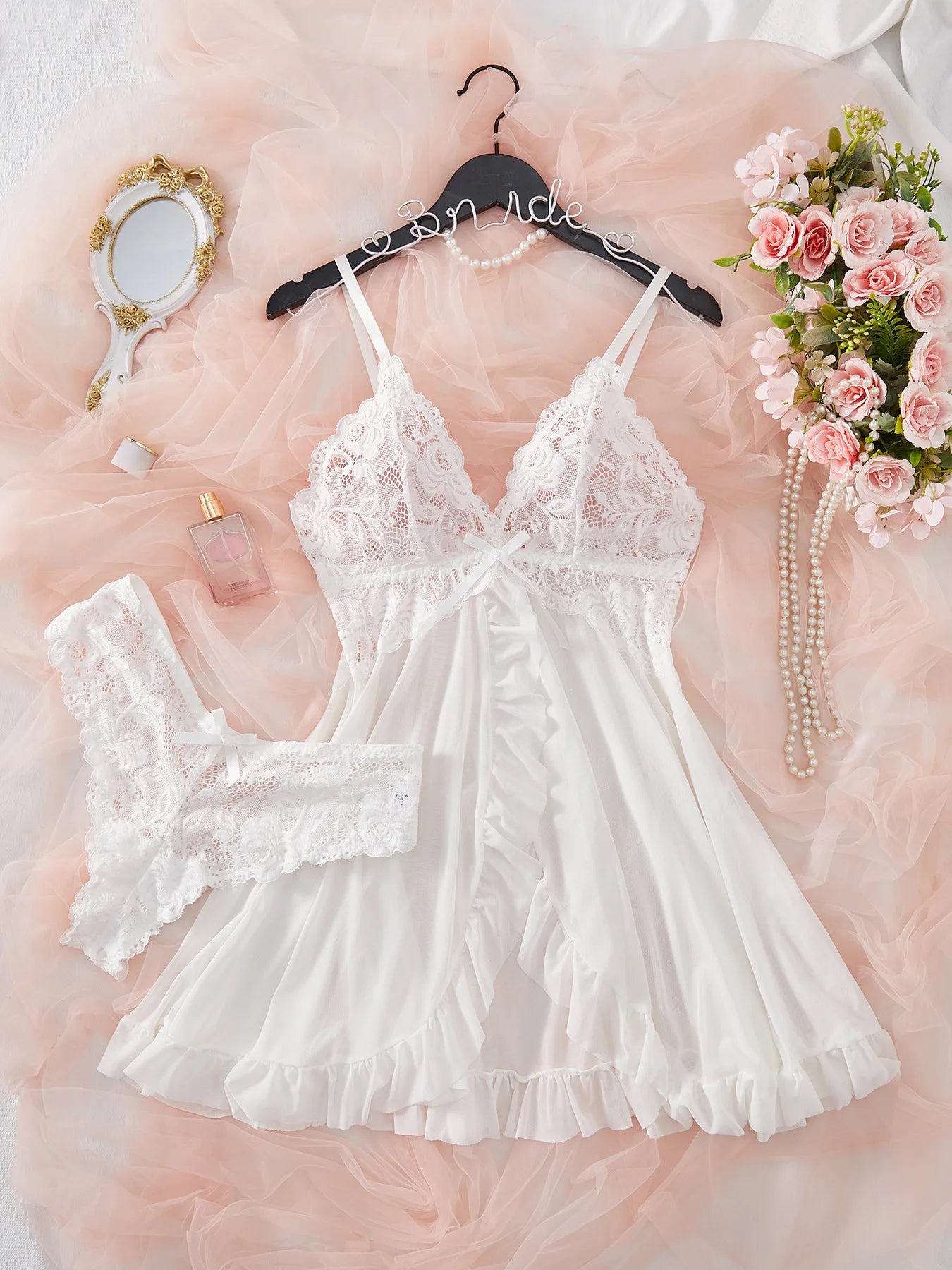 Sexy Dessous-Set für Damen, erotischer BH, Nachthemd, sexy Spitze, Nachtwäsche, solide, schlanke, weiche Kleider, V-Ausschnitt, vollständiger Slip, Nachtwäsche und Kleider