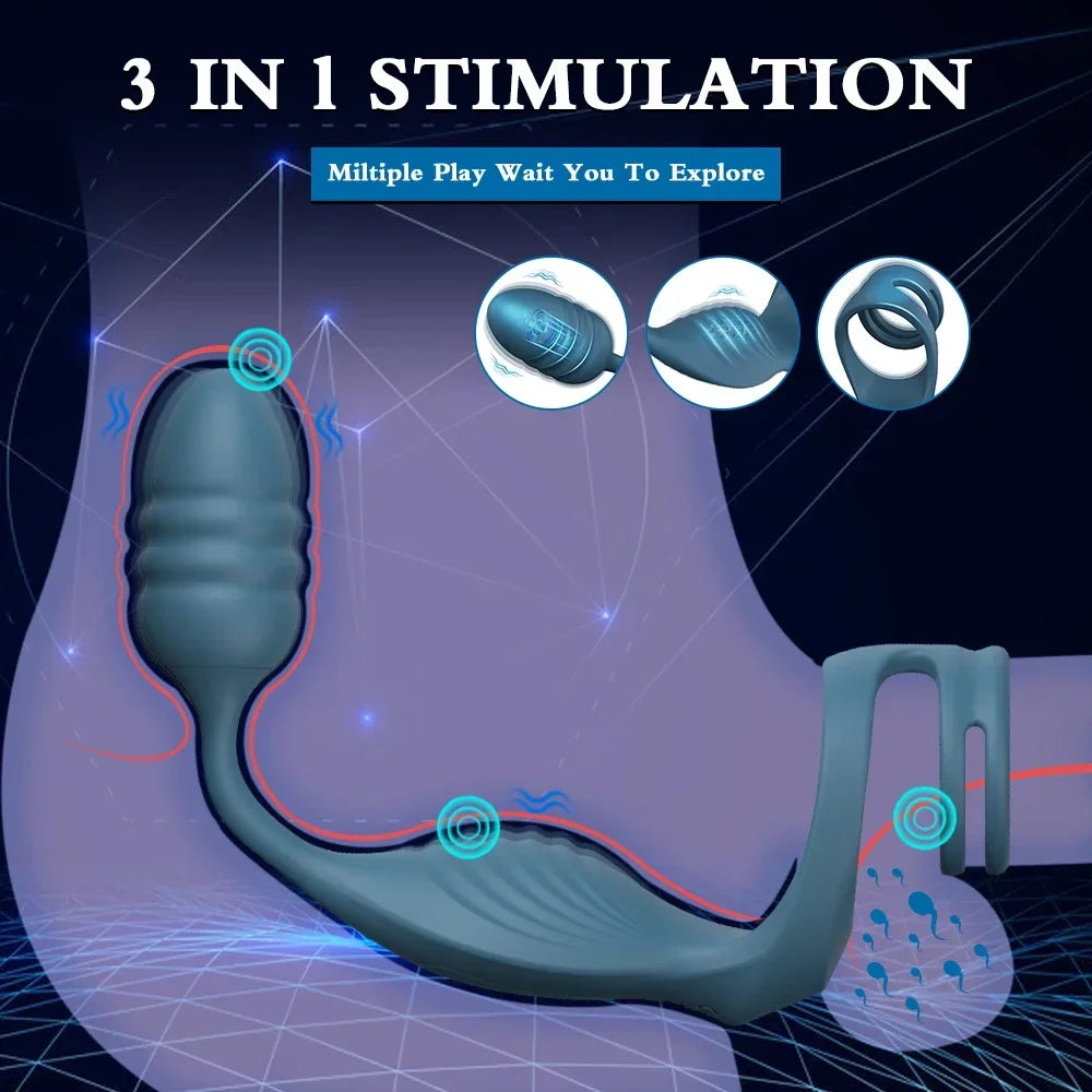 Prostata-Massagegerät mit Penisring, vibrierender Buttplug, Analvibrator, kabellose Fernbedienung, Sexspielzeug, Analdildo-Stimulator für Männer und Frauen
