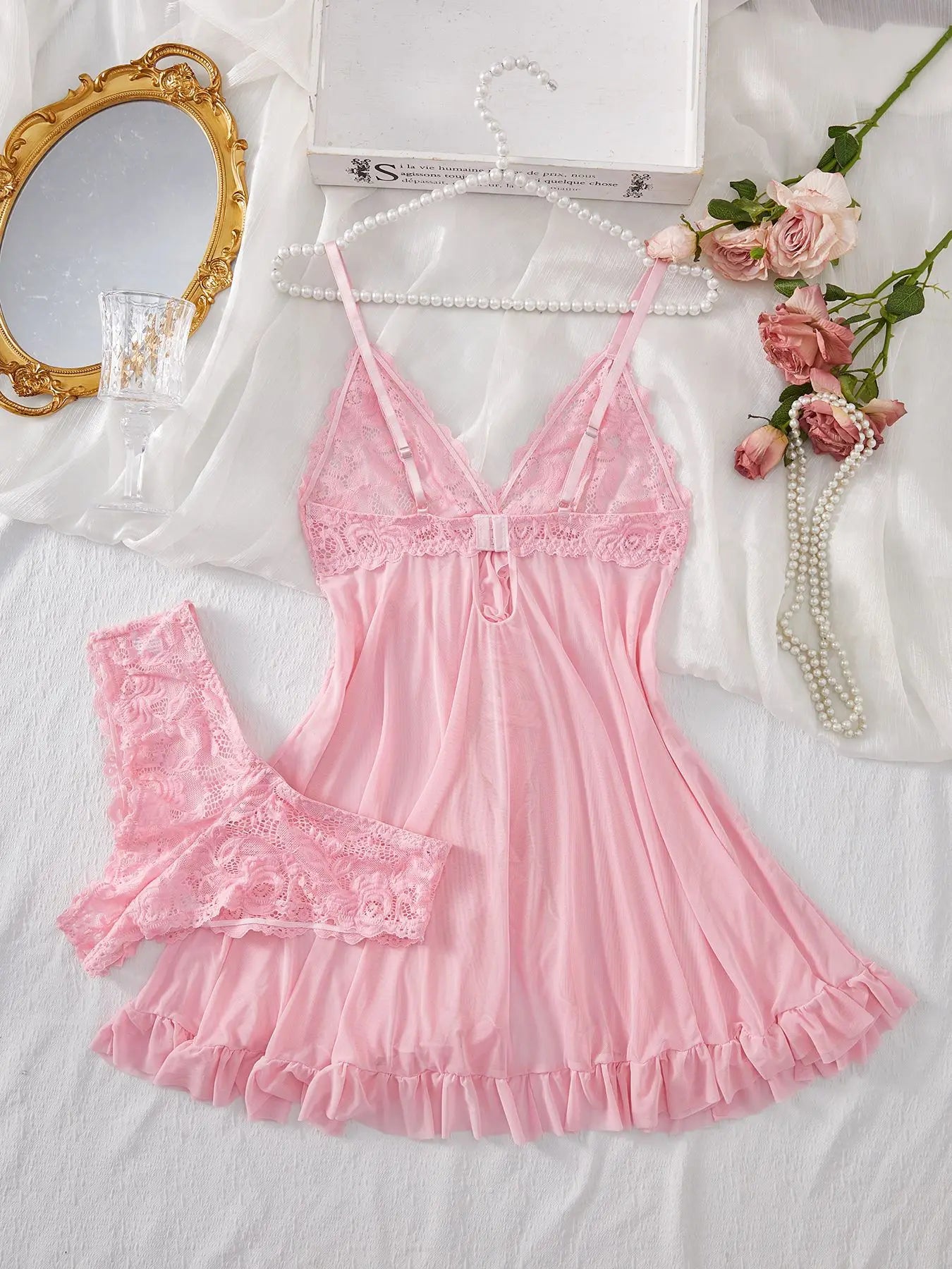 Sexy Dessous-Set für Damen, erotischer BH, Nachthemd, sexy Spitze, Nachtwäsche, solide, schlanke, weiche Kleider, V-Ausschnitt, vollständiger Slip, Nachtwäsche und Kleider