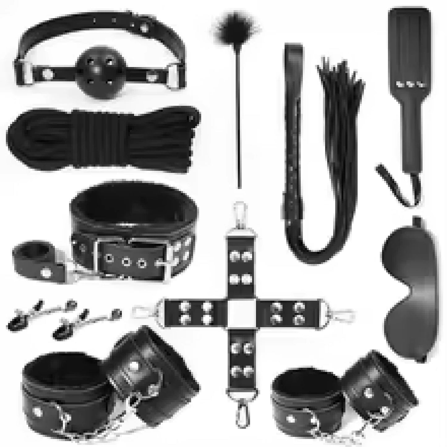 BDSM Sexspielzeug, Bondage-Fesseln-Set, inklusive Leder-Knöchel-Handschellen, Peitschen, Kickler-Mundknebel, Baumwollseil-Kragen für Frauen und Paare