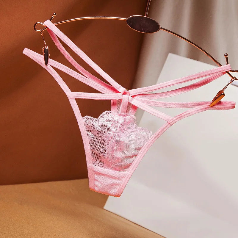 Sexy Perspektive Damenunterwäsche Spitze Mode Kreuzgürtel gebündelt Tanga bestickt G-String Mädchen Slips Damen transparent