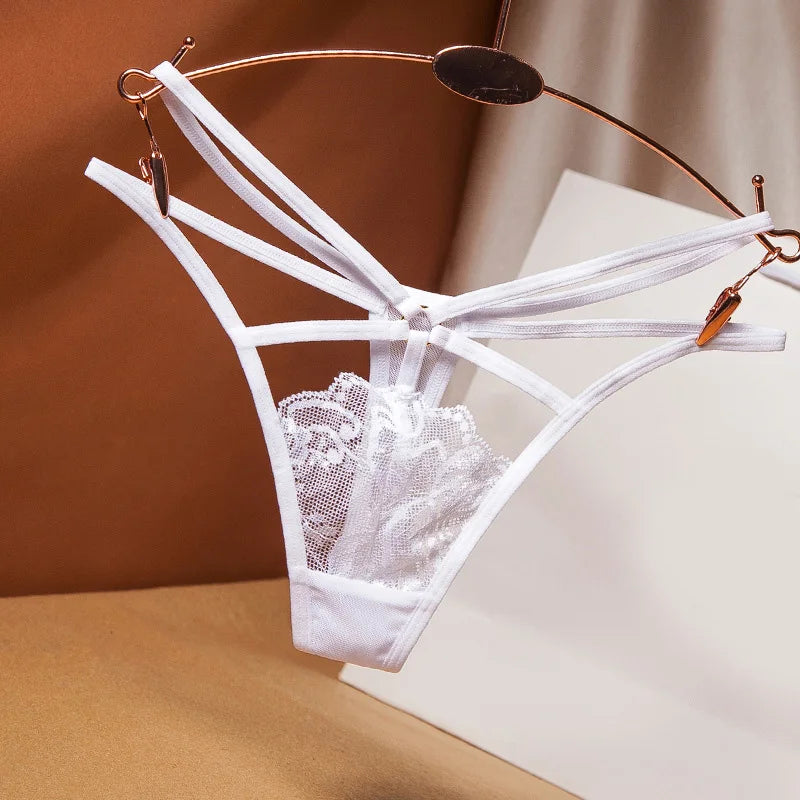 Sexy Perspektive Damenunterwäsche Spitze Mode Kreuzgürtel gebündelt Tanga bestickt G-String Mädchen Slips Damen transparent
