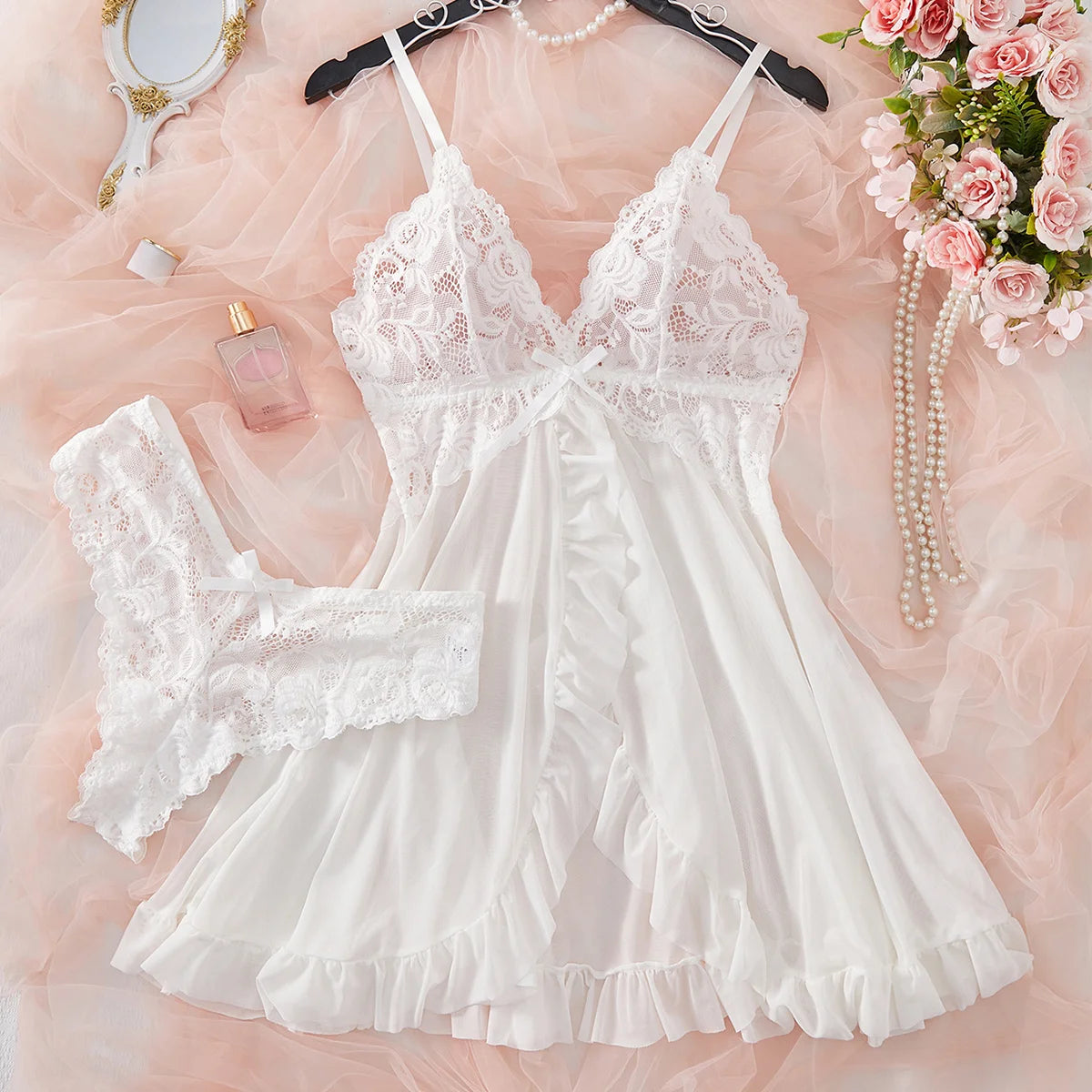 Sexy Dessous-Set für Damen, erotischer BH, Nachthemd, sexy Spitze, Nachtwäsche, solide, schlanke, weiche Kleider, V-Ausschnitt, vollständiger Slip, Nachtwäsche und Kleider