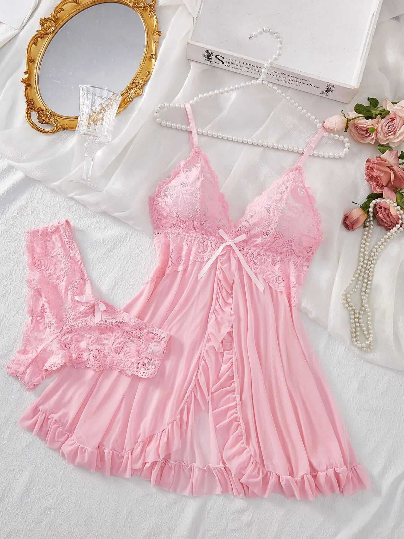 Sexy Dessous-Set für Damen, erotischer BH, Nachthemd, sexy Spitze, Nachtwäsche, solide, schlanke, weiche Kleider, V-Ausschnitt, vollständiger Slip, Nachtwäsche und Kleider