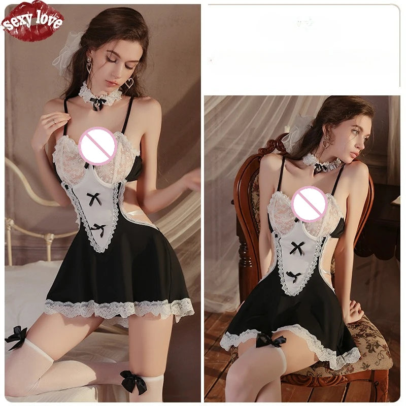 Sexy Love 2025, heiß verkaufte Dessous mit weißem Spitzenrand und Schleifendekoration, Armband, Halsring, T-förmige Hose, Nachthemd