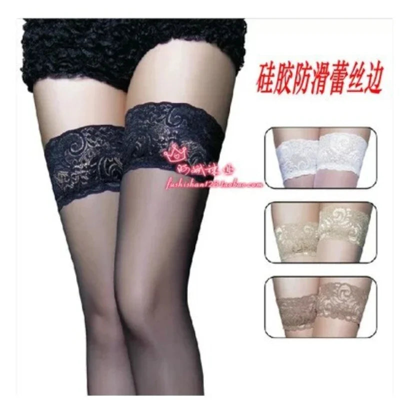 Sexy Spitzenstrümpfe, transparent, sexy Kniestrümpfe, Oberschenkelhohe lange Socken, Strümpfe mit Anti-Rutsch-Strumpf für Frauen, Erotik