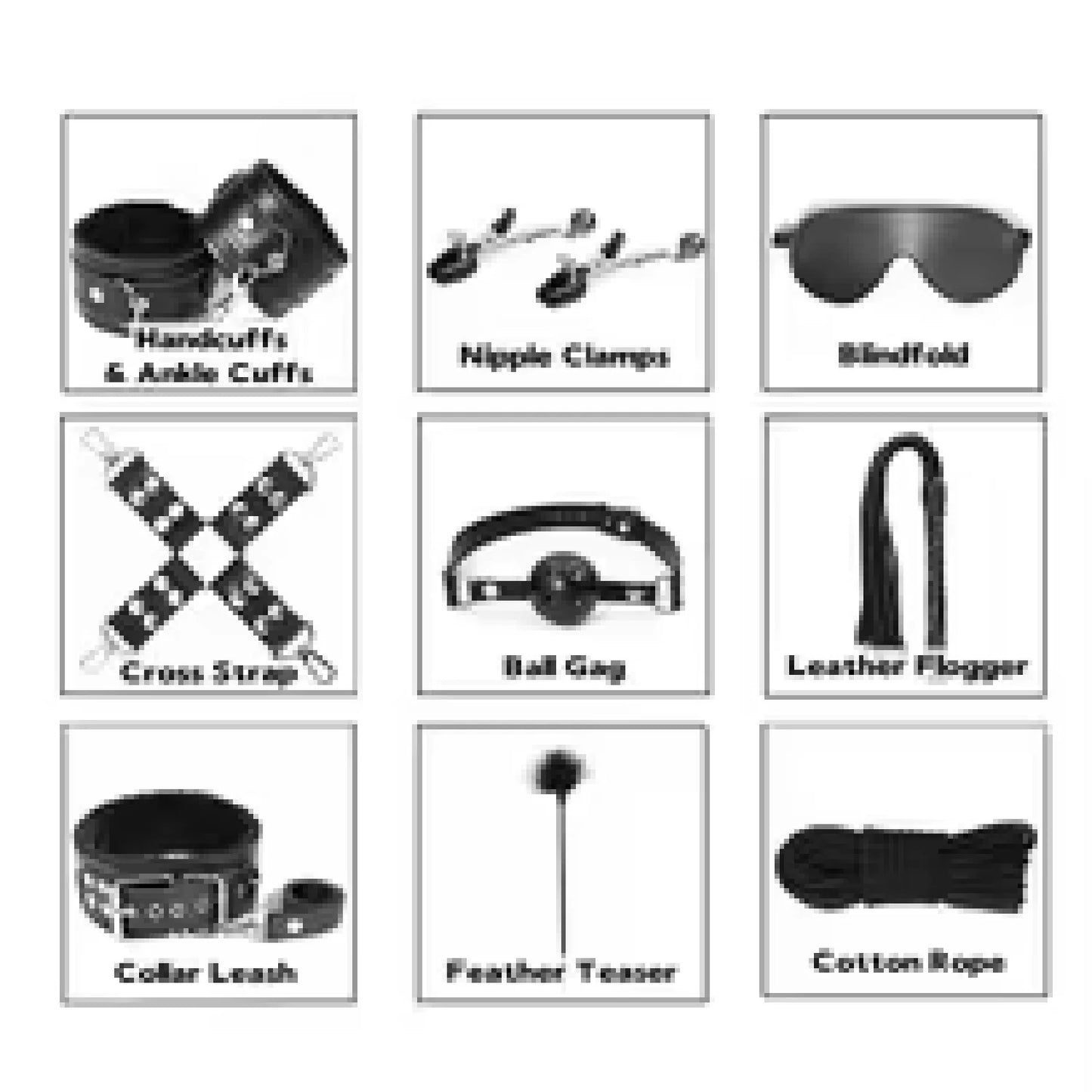 BDSM Sexspielzeug, Bondage-Fesseln-Set, inklusive Leder-Knöchel-Handschellen, Peitschen, Kickler-Mundknebel, Baumwollseil-Kragen für Frauen und Paare