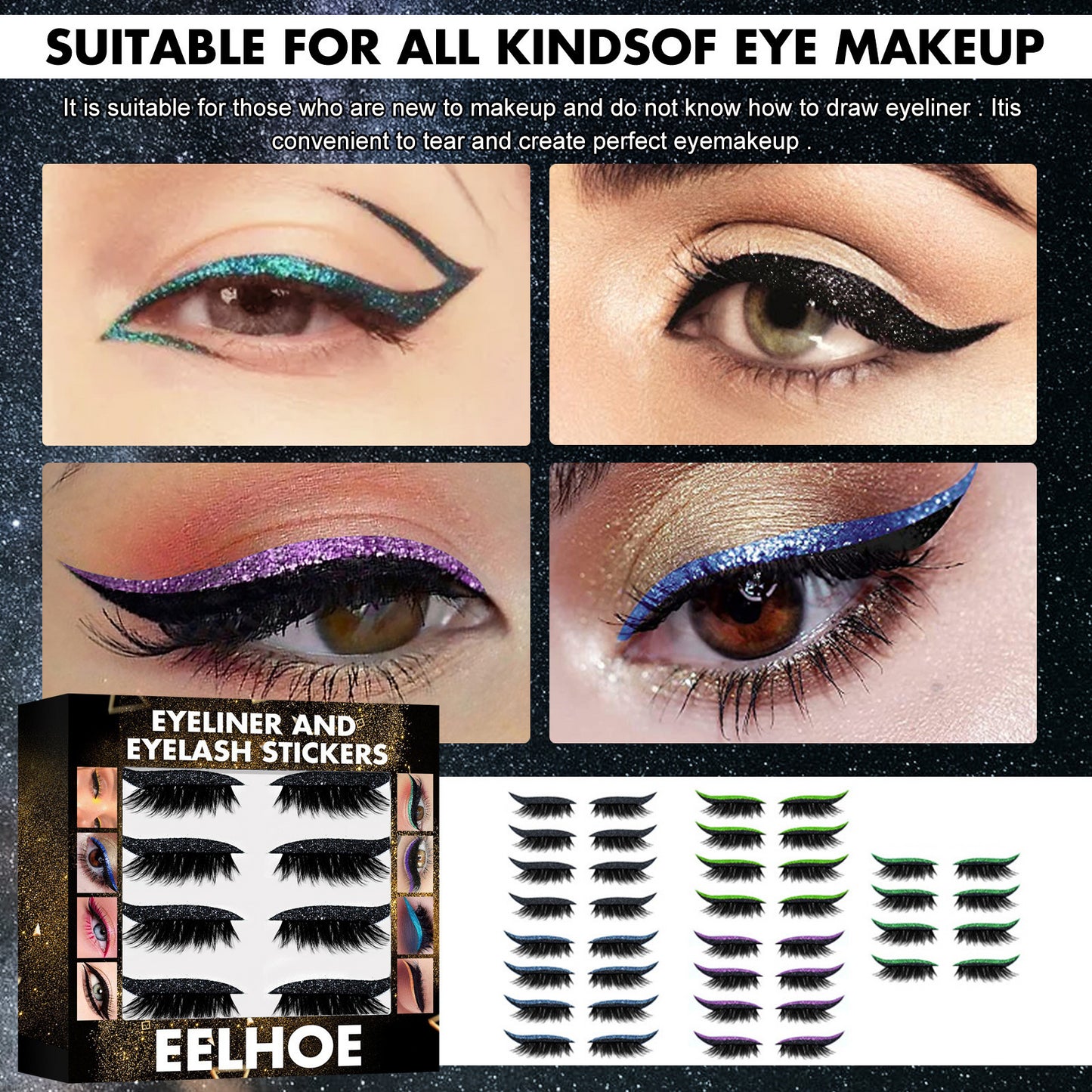 EELHOE 3D Glitter Seven Color Eyeliner False Eyelash Sticks, Glue Free Self-Adhesive Eye Makeup Eyeshadow Sticks