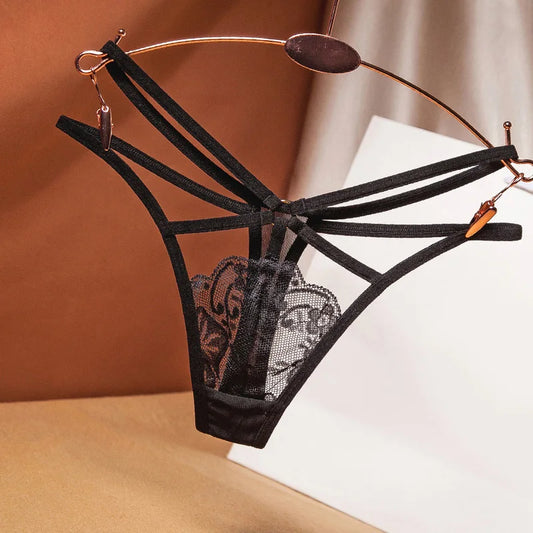 Sexy Perspektive Damenunterwäsche Spitze Mode Kreuzgürtel gebündelt Tanga bestickt G-String Mädchen Slips Damen transparent