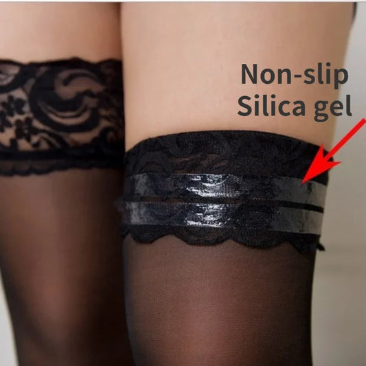 Sexy Spitzenstrümpfe, transparent, sexy Kniestrümpfe, Oberschenkelhohe lange Socken, Strümpfe mit Anti-Rutsch-Strumpf für Frauen, Erotik