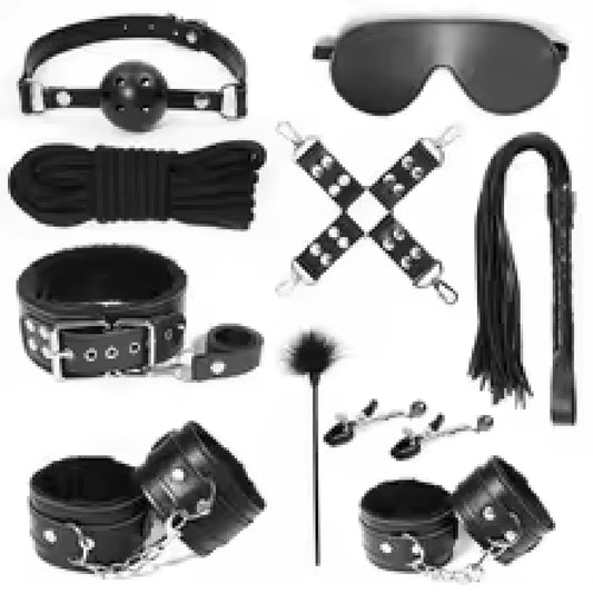 BDSM Sexspielzeug, Bondage-Fesseln-Set, inklusive Leder-Knöchel-Handschellen, Peitschen, Kickler-Mundknebel, Baumwollseil-Kragen für Frauen und Paare