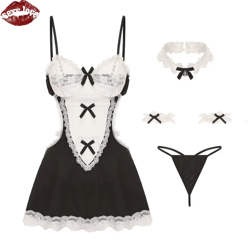 Sexy Love 2025, heiß verkaufte Dessous mit weißem Spitzenrand und Schleifendekoration, Armband, Halsring, T-förmige Hose, Nachthemd