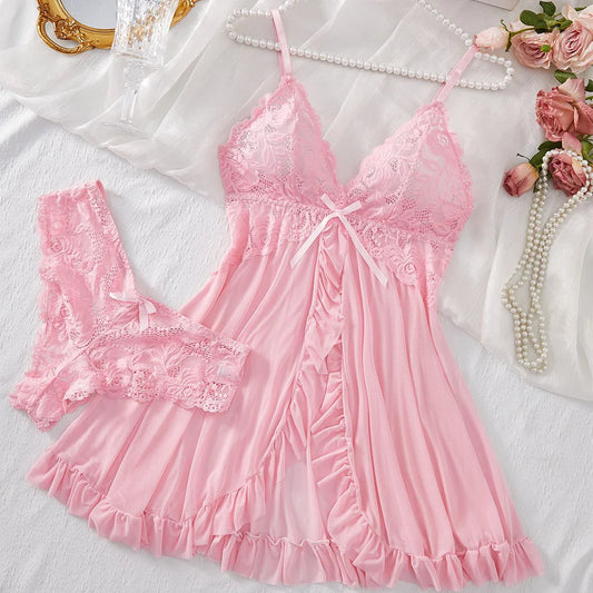 Sexy Dessous-Set für Damen, erotischer BH, Nachthemd, sexy Spitze, Nachtwäsche, solide, schlanke, weiche Kleider, V-Ausschnitt, vollständiger Slip, Nachtwäsche und Kleider